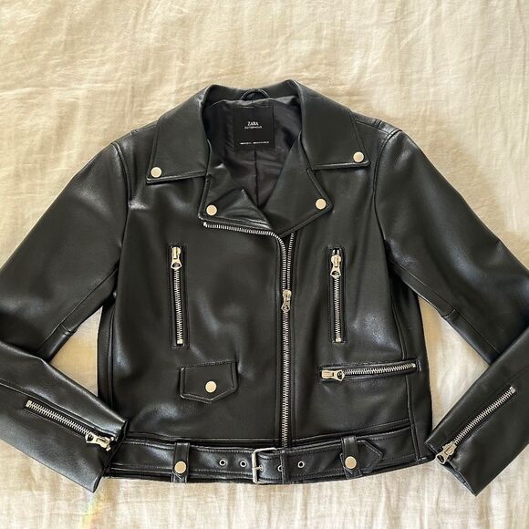 Zara Vegan Leather black belted Jacket women’s Medium - Picture 3 of 9